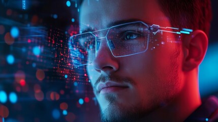 Young man wearing futuristic glasses analyzes digital data in a high-tech environment at night