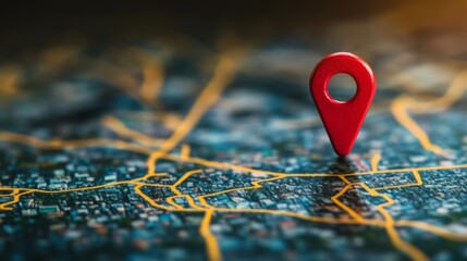 Red location marker placed on a detailed map demonstrating navigation and travel planning