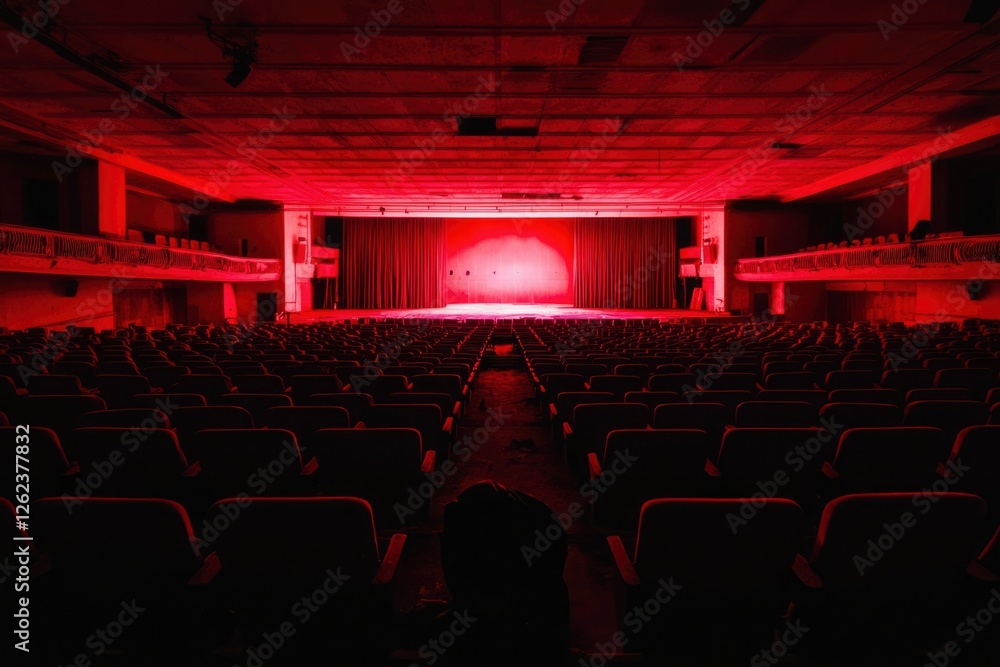 Poster empty theater seats face a stage with red curtains. possible event background