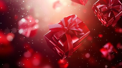 Red gift boxes floating through a festive atmosphere with sparkling lights and a joyful ambience