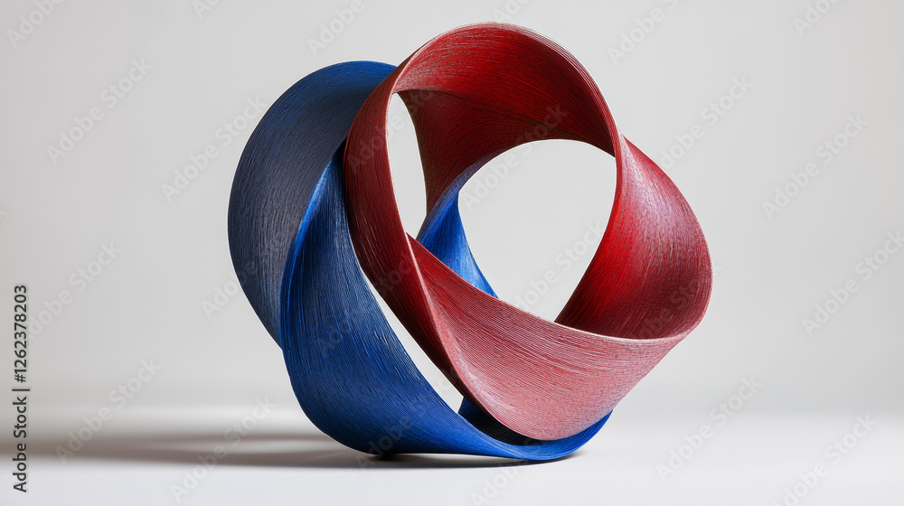 Poster abstract symbol of red and blue boomerang shapes arranged in a circle with an oblique receding persp