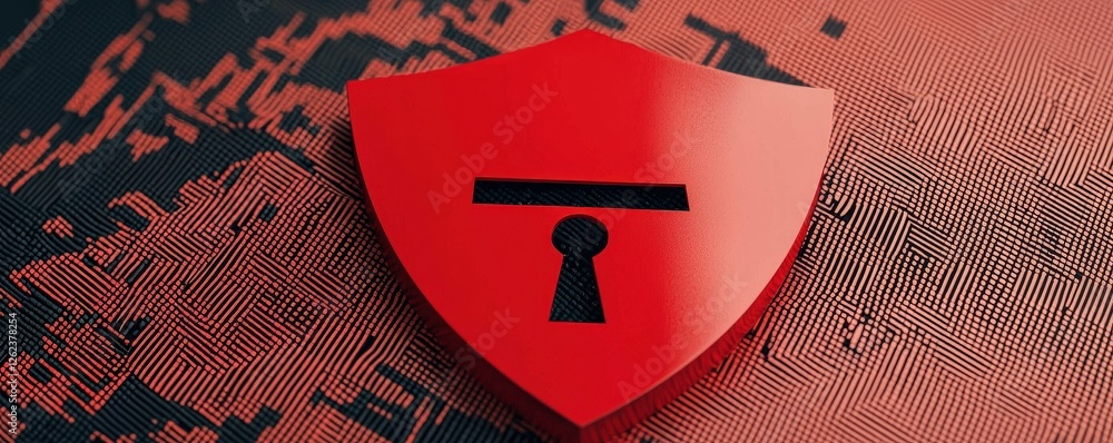 Poster information source management concept. red shield with a keyhole symbolizing security and protection