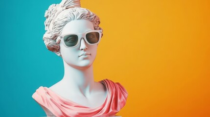 Sculpture wears sunglasses against vibrant blue and orange backdrop in modern artistic interpretation