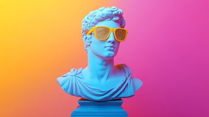 Brightly colored bust sculpture wearing sunglasses against a vibrant gradient background