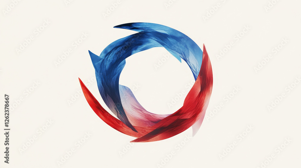 Poster abstract symbol of red and blue boomerang shapes arranged in a circle with an oblique receding persp