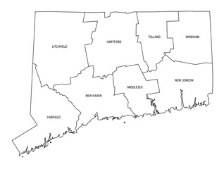 State of Connecticut divided into counties, outline map. State in the New England region of the Northeastern United States, subdivided into 8 counties. Map with boundaries and county names. Vector