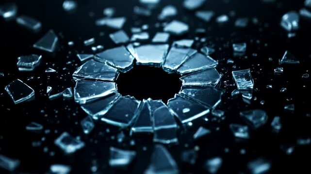Broken glass mirror scattered across a dark background camera slowly pans reflective surfaces video