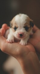 Tiny Newborn Puppy Held Gently in Loving Hands