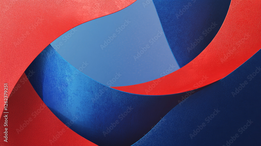 Poster abstract symbol of red and blue boomerang shapes arranged in a circle with an oblique receding persp