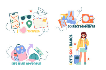 Travel set of badge, label design with lettering