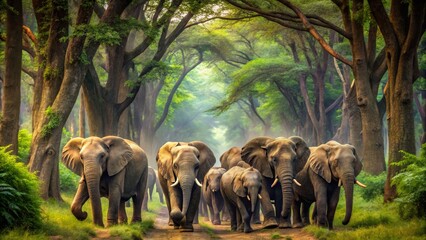 Elephants Walking Through Lush Forest Path in the Wilderness