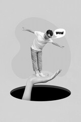 Creative magazine collage of young worker stand human hand look deep hole financial job risk concept