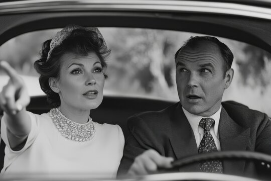 Happy European spouses driving together, lady pointing with finger at something, her husband sitting on drivers seat, enjoying trip together, Generative AI