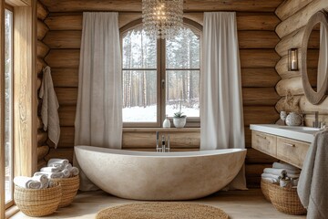 Obraz premium Spacious log cabin bathroom featuring a modern freestanding tub and natural light in a serene winter setting