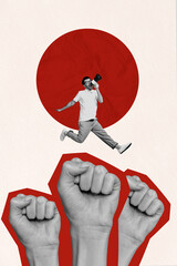 Creative artwork template sketch image 3D collage of strike leader power opinion banner revolution...