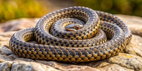 Fototapeta premium Detailed Close-Up of a Colorful Coiled Snake on Natural Background