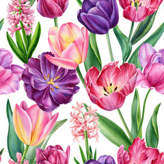 colorful tulips, hyacinths watercolor floral seamless pattern spring flowers, botanical illustration for fabric, design