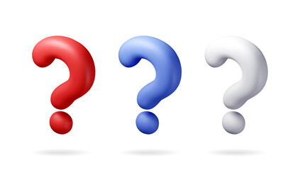 3D question mark isolated on white. Render question symbol. Thin realistic icon. Concept of FAQ, support and help. Problem, survey, information. Vector illustration