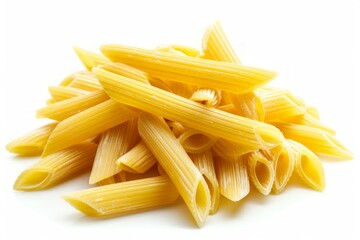 Pile of raw penne pasta on white background. AI image