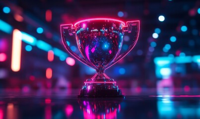 Futuristic neon-lit trophy cup center stage with dynamic lighting in an e-sports arena, symbolizing victory, achievement, and competitive excellence, Generative AI