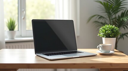 Fototapeta premium Laptop on Wooden Desk with Plants and Coffee