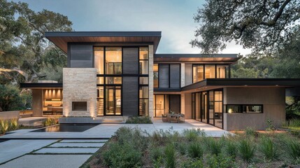 Fototapeta premium Modern Architectural Marvel: Luxurious Home Design in Serene Setting