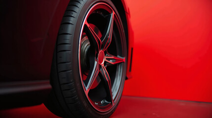 Red supercar with multi-spoke black alloy wheels on glossy surface