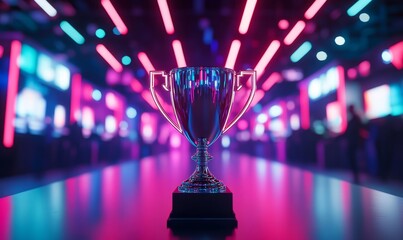 Futuristic neon-lit trophy cup center stage with dynamic lighting in an e-sports arena, symbolizing victory, achievement, and competitive excellence, Generative AI
