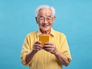 Happy Elderly Man in Yellow Short-Sleeve Shirt Using Smartphone on Blue Background