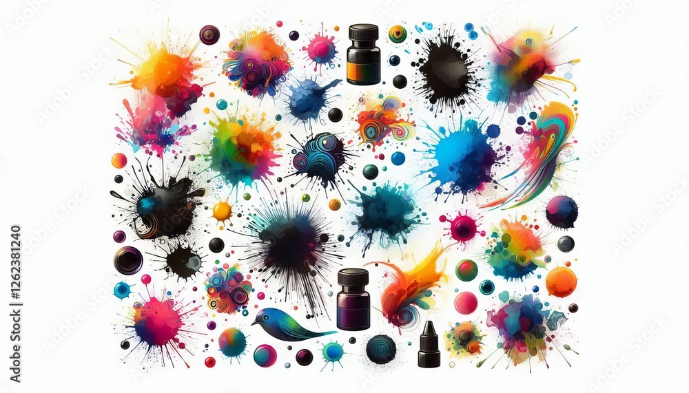 Poster an abstract 3d 4k composition features vibrant splashes of paint in various colors and shapes, along