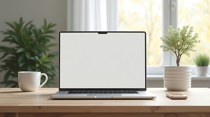 Fototapeta premium Laptop Mockup: Modern Workspace with Plants and Coffee