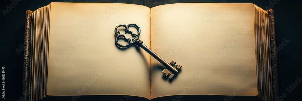 Poster vintage key placed on the edge of an empty book, its shadow creating a striking silhouette on the bl