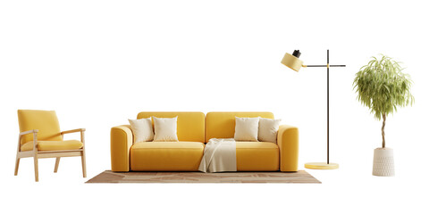 Front view sofa and plant in a living room on transparent background- 3D rendering