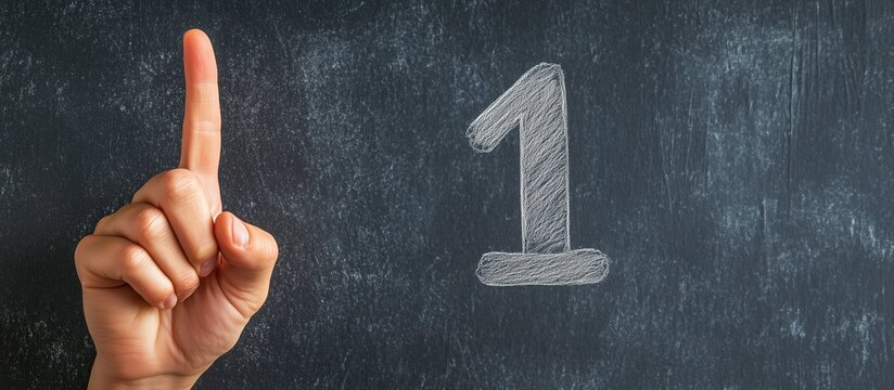 Number One: A hand points to a large chalk drawing of the number one on a dark chalkboard background, symbolizing the importance of being first, a top choice, or a unique selection. 