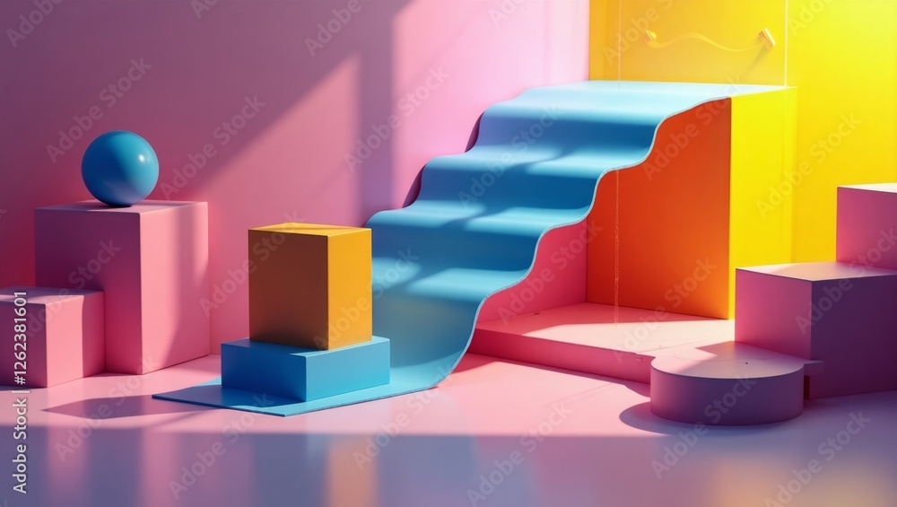 Poster a futuristic 3d graphic design with vibrant colored shapes, including blocks, spheres, and a winding