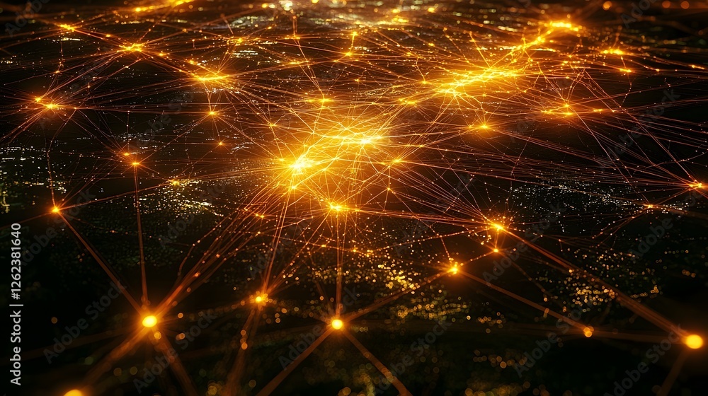 Poster glowing web of interconnected cryptocurrency and blockchain network visualized from a top down aeria