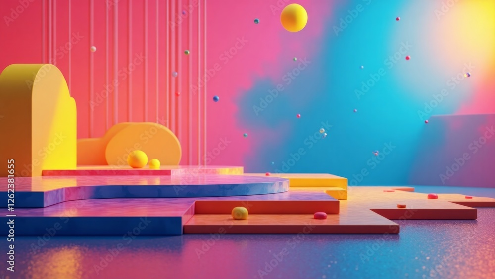 Poster a futuristic 3d graphic design with vibrant colored shapes, including blocks, spheres, and a winding