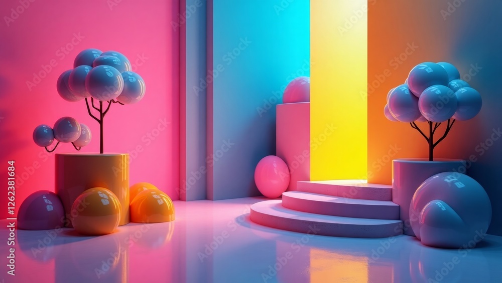 Poster a futuristic 3d graphic design with vibrant colored shapes, including blocks, spheres, and a winding