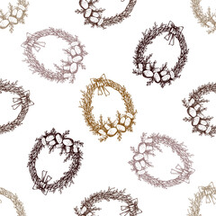 Hand drawn colored vintage seamless pattern of Easter wreaths with eggs