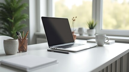 Fototapeta premium Modern Minimalist Home Office Setup with Laptop