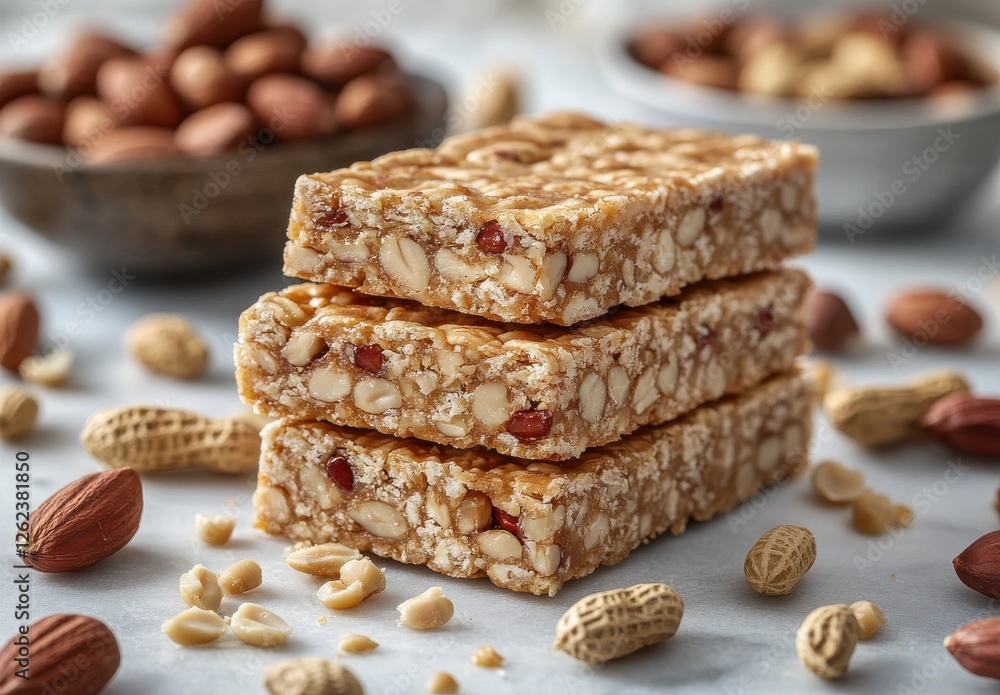 Poster close-up of crunchy snack bars made of nuts and seeds on a rustic table with almonds and peanuts in 