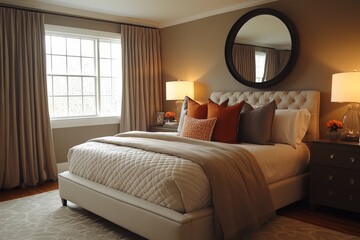 Fototapeta premium Elegant modern bedroom with neutral tones and tasteful decor featuring a cozy bed and natural light