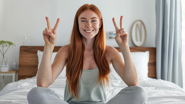 Cheerful young woman with long red hair and freckles making peace signs while sitting cross-legged on a bed in a bright, modern bedroom, exuding positivity and calmness