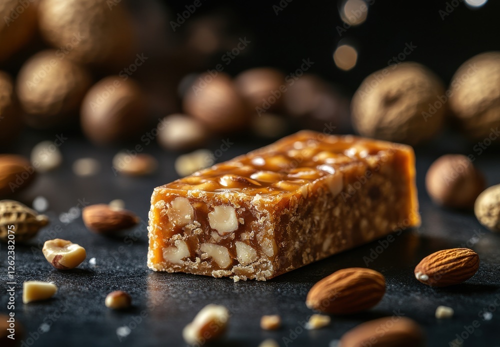 Poster close-up view of a delicious nut bar with caramel and nuts surrounded by various nuts on a dark tabl
