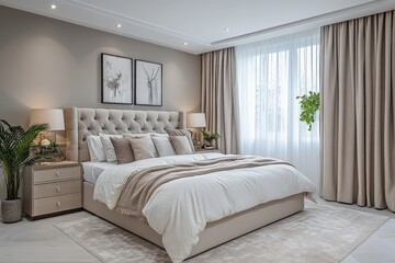 Elegant and modern bedroom interior design featuring soft linens and natural light from a large window