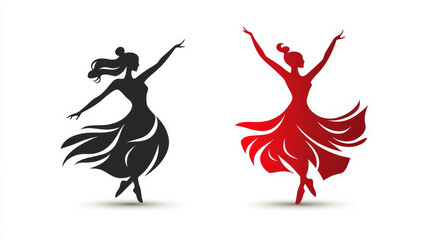 Dancing woman icon or symbol design with red silhouette of dancing woman isolated on white background with smaller black variant