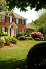 Naklejka premium House with manicured lawn and shrubbery in front yard. For real estate