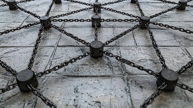 Aerial view of a blockchain network creating an intricate digital financial web with interconnected triangular nodes and geometric patterns representing the decentralized