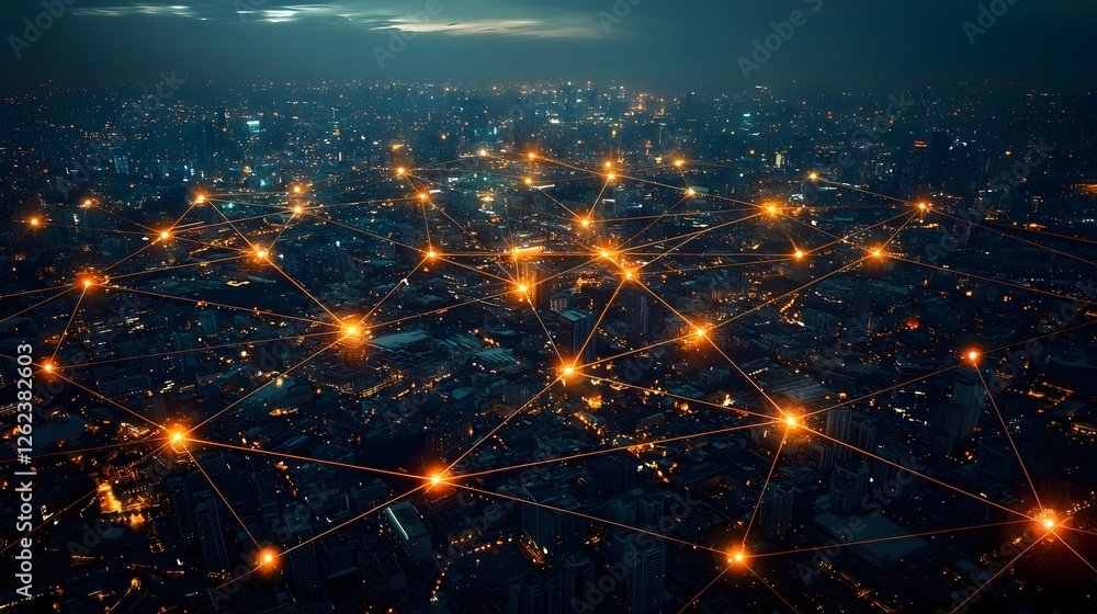 Poster aerial view of a vast interconnected network of lights representing the blockchain powered digital f