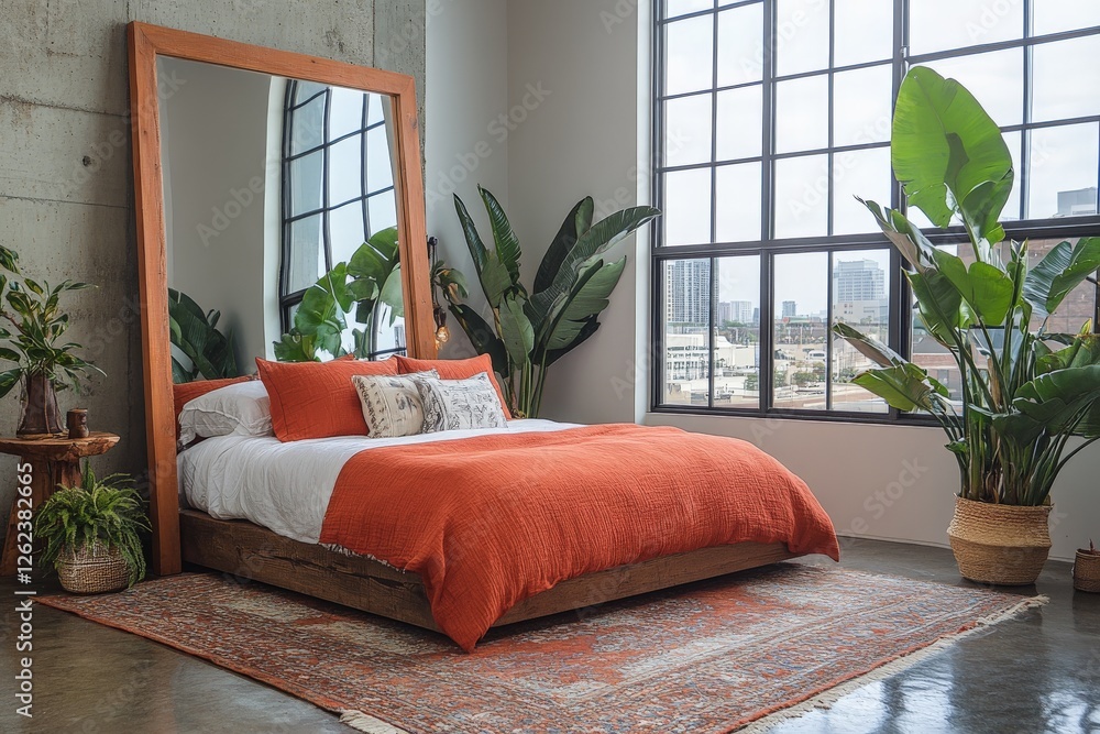 Poster bright and inviting bedroom with large mirror and lush greenery in urban setting